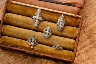 Antique French old cut and rose cut diamond rings in an original Paris jeweller's box