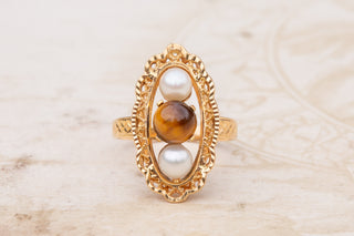 Vintage French Tigers Eye and Pearl Ring