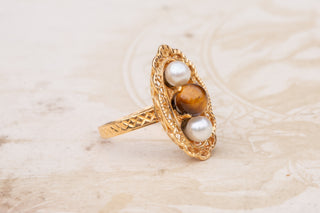 Vintage French Tigers Eye and Pearl Ring