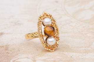 Vintage French Tigers Eye and Pearl Ring