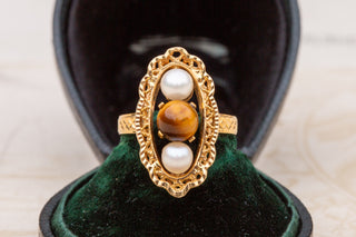 Vintage French Tigers Eye and Pearl Ring