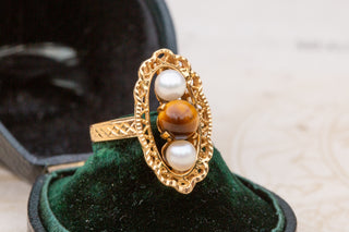 Vintage French Tigers Eye and Pearl Ring