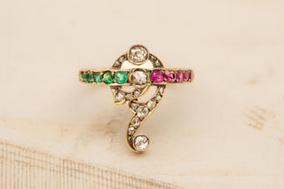 Antique Gold Belle Époque Ring Rubies, Emeralds, Diamonds Art Nouveau