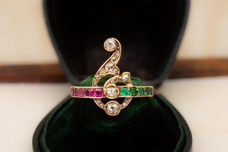 Antique Gold Belle Époque Ring Rubies, Emeralds, Diamonds Art Nouveau