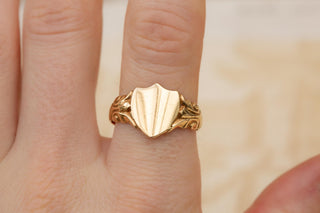 Vintage Gold Signet Ring Edwardian Shield Shape Engraved Mens Ring c. 1981