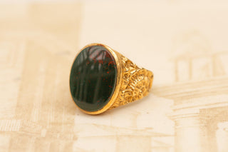 Vintage Gold Bloodstone Signet Ring, Mens Pinky Ring c.1979