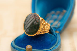 Vintage Gold Bloodstone Signet Ring, Mens Pinky Ring c.1979