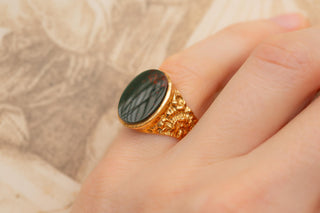 Vintage Gold Bloodstone Signet Ring, Mens Pinky Ring c.1979