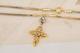 17th Century Gold Table-Cut Diamond Cross Pendant Necklace Religious Crucifix