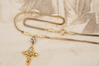 17th Century Gold Table-Cut Diamond Cross Pendant Necklace Religious Crucifix