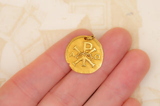 Antique French 18K Gold Religious Pendant Chi-Ro Pax Engraved Necklace Christian