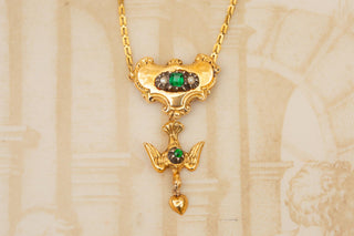 Antique Gold French St. Esprit Dove Necklace Georgian Emerald Paste