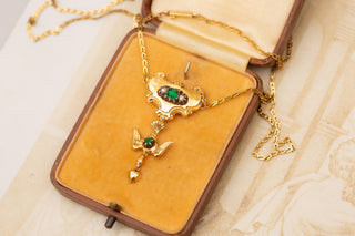 Antique Gold French St. Esprit Dove Necklace Georgian Emerald Paste