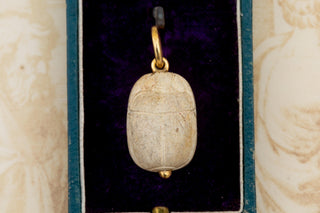 Antique 19th Century Carved Stone Scarab Pendant Gold Egyptian Revival Necklace