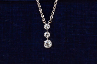 Antique French Art Deco Diamond Necklace, c. 1930s White Gold Old Cut Cushion