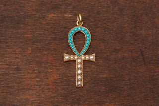 Edwardian Egyptian Revival Turquoise and Seed Pearl Gold Ankh Pendant