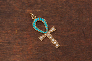 Edwardian Egyptian Revival Turquoise and Seed Pearl Gold Ankh Pendant