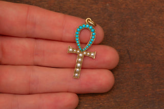 Edwardian Egyptian Revival Turquoise and Seed Pearl Gold Ankh Pendant