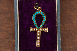 Edwardian Egyptian Revival Turquoise and Seed Pearl Gold Ankh Pendant
