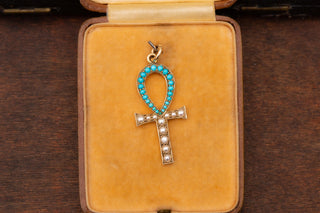 Edwardian Egyptian Revival Turquoise and Seed Pearl Gold Ankh Pendant
