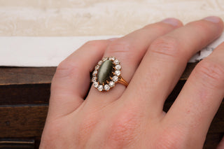 Victorian Cat’s Eye Chrysoberyl and Diamond Antique Gold Cluster Ring (c.1890)