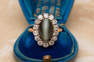 Victorian Cat’s Eye Chrysoberyl and Diamond Antique Gold Cluster Ring (c.1890)