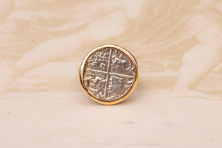 Antique Spanish Colonial Silver Cob Coin Ring, set in 14K Gold