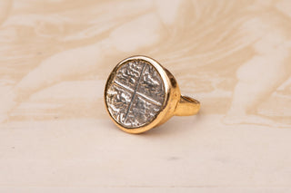 Antique Spanish Colonial Silver Cob Coin Ring, set in 14K Gold
