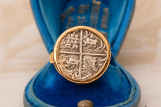 Antique Spanish Colonial Silver Cob Coin Ring, set in 14K Gold