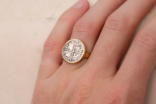 Antique Spanish Colonial Silver Cob Coin Ring, set in 14K Gold