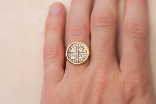 Antique Spanish Colonial Silver Cob Coin Ring, set in 14K Gold