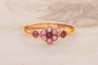 Edwardian 9K Gold Opal & Ruby Floral Cluster Ring, c.1910