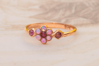 Edwardian 9K Gold Opal & Ruby Floral Cluster Ring, c.1910