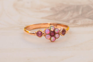 Edwardian 9K Gold Opal & Ruby Floral Cluster Ring, c.1910
