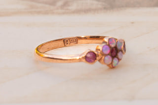 Edwardian 9K Gold Opal & Ruby Floral Cluster Ring, c.1910