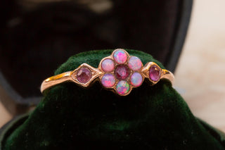 Edwardian 9K Gold Opal & Ruby Floral Cluster Ring, c.1910