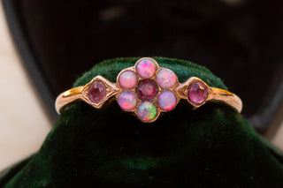 Edwardian 9K Gold Opal & Ruby Floral Cluster Ring, c.1910