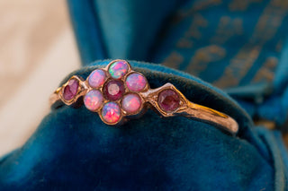 Edwardian 9K Gold Opal & Ruby Floral Cluster Ring, c.1910