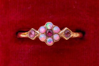 Edwardian 9K Gold Opal & Ruby Floral Cluster Ring, c.1910