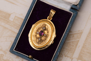 Napoleon III French Engine-Turned 18K Gold Locket with Garnet & Seed Pearls, c.