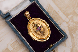 Napoleon III French Engine-Turned 18K Gold Locket with Garnet & Seed Pearls, c.