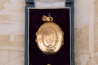Napoleon III French Engine-Turned 18K Gold Locket with Garnet & Seed Pearls, c.