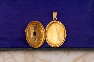 Napoleon III French Engine-Turned 18K Gold Locket with Garnet & Seed Pearls, c.