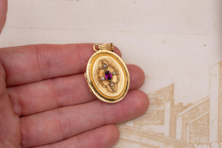 Napoleon III French Engine-Turned 18K Gold Locket with Garnet & Seed Pearls, c.