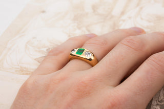 Antique Austro-Hungarian 14K Gold Ring with Emerald and Old European Cut Diamond