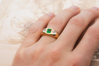 Antique Austro-Hungarian 14K Gold Ring with Emerald and Old European Cut Diamond
