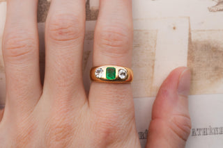 Antique Austro-Hungarian 14K Gold Ring with Emerald and Old European Cut Diamond