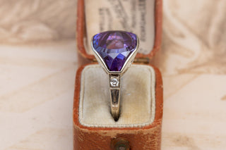 Art Deco Polish 14K White Gold Amethyst & Diamond Ring, c.1925
