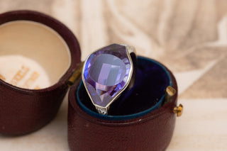 Art Deco Polish 14K White Gold Amethyst & Diamond Ring, c.1925