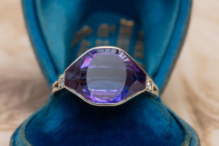 Art Deco Polish 14K White Gold Amethyst & Diamond Ring, c.1925